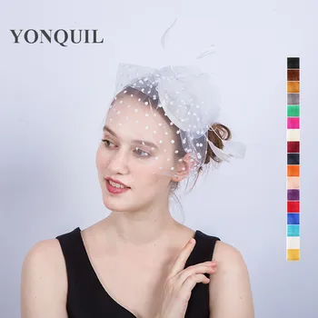 Zarif Bayanlar Şapka Fascinators Beyaz Örgü Nokta Şapkalar Kadın Başlığı Tüy Peçe Headdress Saç Klipleri SYF216