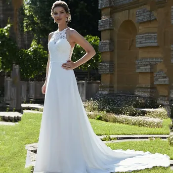 Zarif Halter Kolsuz düğün elbisesi 2021 Yüksek Kaliteli Şifon Backless Mahkemesi Tren Dantel Aplike robe de mariage Özel Yapılmış