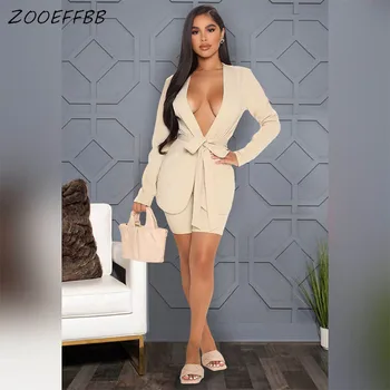 ZOOEFFBB Düz Renk 2 Parça Set Zarif Şort Rahat Kıyafetler 2021 Şık Sonbahar Uzun Kollu Blazers Takım Elbise kadın Ofis Setleri