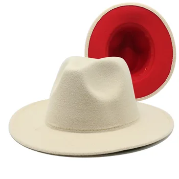 Çift taraflı renk eşleştirme caz silindir şapka kadın geniş ağız bej kırmızı fedora sonbahar ve kış erkek kilise şapka Panama dokulu şapka