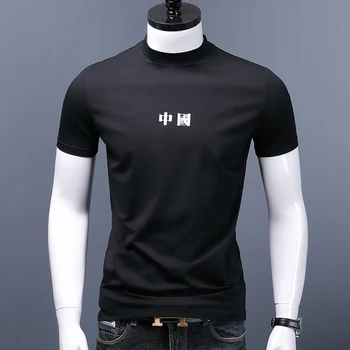 Çin Baskı T-Shirt Yaz Erkekler Siyah Küçük Balıkçı Yaka T Gömlek Erkek Nedensel Pamuk Streç Slim Fit Kısa Kollu Tişört