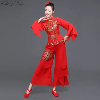 Çin halk dans klasik kostümleri balo salonu dans yarışması elbiseler Çin geleneksel kostüm kadın kırmızı Q357