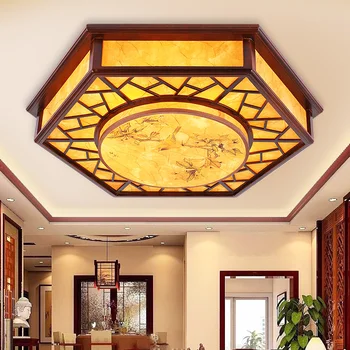Çin tarzı Ahşap tavan lambası restoran yemek odası aydınlatma baskı PVC taklit koyun derisi tavan lambası