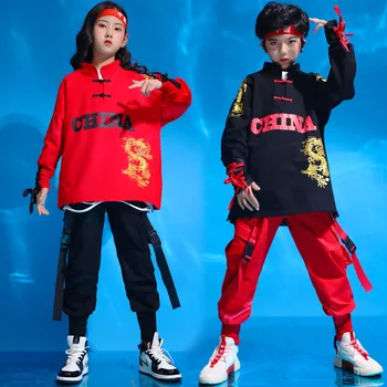 Çin Tarzı Kırmızı Siyah Hanfu Takım Elbise Çocuklar hip hop giysileri Erkek Kız Hiphop Caz dans kostümü Rekabet Sahne Performansı