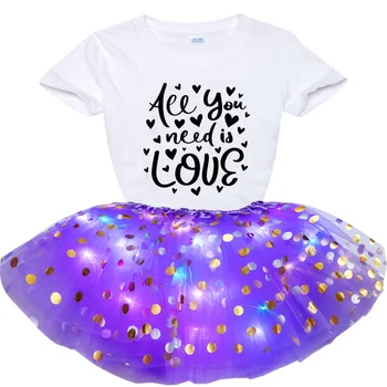 Çocuk baskı T Shirt + parlayan etekler setleri yeni ışık LED kız çocuk giysileri yıldız Tutu etek prenses parti tül Pettiskirt çocuk