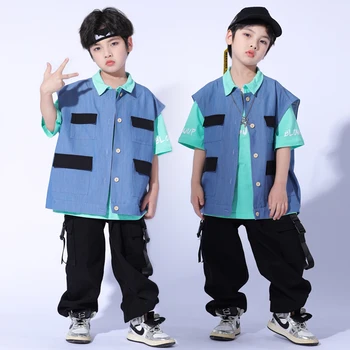 Çocuk Caz Performans Giyim Erkek Denim Mavi Yelek Gevşek pantolon Kpop Kıyafetler Hip Hop Sokak Dans Performansı Giyim DQS10707