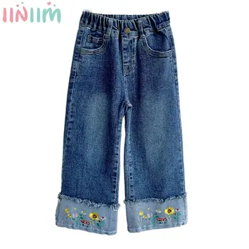 Çocuk Kız Moda Rahat Gevşek Kot Sevimli Nakış Geniş Bacak Kot Pantolon Tiki Tarzı Pantolon Okul Günlük Tatil Giyim
