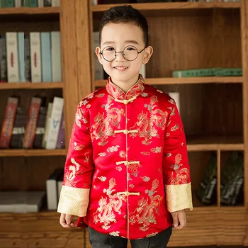 Çocuk Yeni Yıl Ceket Erkek Pamuk Gevşek Cheongsam Üst çocuk ceketi Uzun Kollu Çin Tarzı Tang Kostüm Kırmızı Saten Tops