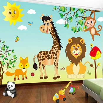 Özel Karikatür Duvar Kağıdı 3D Aslan Zürafa Hayvan çocuk Odası Yatak Odası TV Arka Plan Duvar Kağıtları Ev Dekor Posteri Fresk