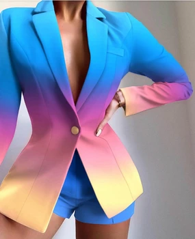 ŞIK BAYAN Degrade Renk Baskılı Blazer 2021 Sonbahar Kadın Uzun Kollu Çentikli Tek Düğme Zarif Ofis Bayan İş Giysisi