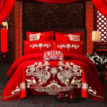 Şık Phoenix Nakış Çin Tarzı Düğün Kırmızı %100 % Pamuk Prenses nevresim takımı Yorgan / Yorgan yatak çarşaf kılıfı Keten Yastık Kılıfı