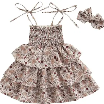 2022 Kızlar Yaz Sundress Kolsuz Çiçek Baskı Spagetti Kayışı Fırfır Prenses Romper Elbise Çocuk Giysileri 1-5 Yıl