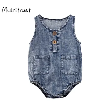 Bebek Giysileri 2020 Yenidoğan Bebek Bebek Kız Erkek Bodysuits Mavi Denim Kolsuz Yaz Tulumlar Kıyafetler Boyutu 0-12M