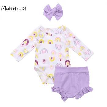 Sonbahar Bebek Kız Giysileri Uzun Kollu Gökkuşağı Baskı Bodysuit Tops + Ruffles Şort + Kafa Bandı 3 adet Bebek Giyim Rahat Kıyafet