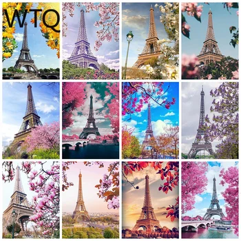 Tam Kare / Yuvarlak Elmas Boyama Eyfel Paris Kulesi 5D DIY Mozaik Tam Set Nakış Manzara Taklidi Resim Ev dekor
