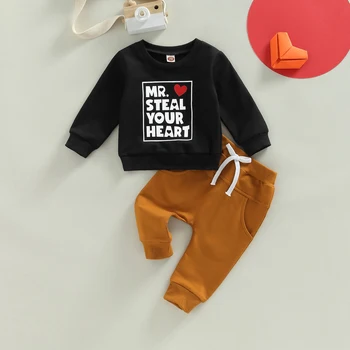 Toddler Erkek Bebek Sevgililer Günü Kıyafet Mektup bisiklet yaka Kazak Rahat Pantolon 2 Adet Sonbahar Kış Giysileri
