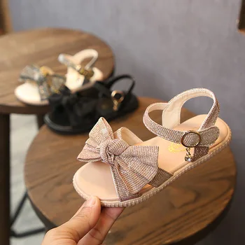 Yaz 2021 yeni sandalet kız bayan parlak flaş çocuk ayakkabıları sihirli macun üç renkli papyon prenses ayakkabı bayan antiskid