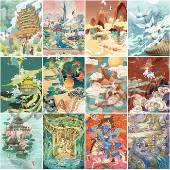 Çin Mitolojisinde Elmas Boyama Karikatür Manzara Mozaik nakış kitleri Çapraz Dikiş Soyut Resim Taklidi Sanat