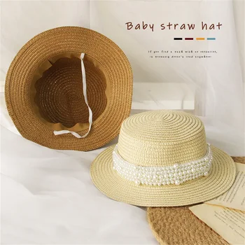 Çocuklar Bebek Kız Hasır Hasır Şapka Açık Geniş Ağız Sahil Plaj Güneş Düz Üst Güneş Kapaklar İnci Dekorasyon 2-8T